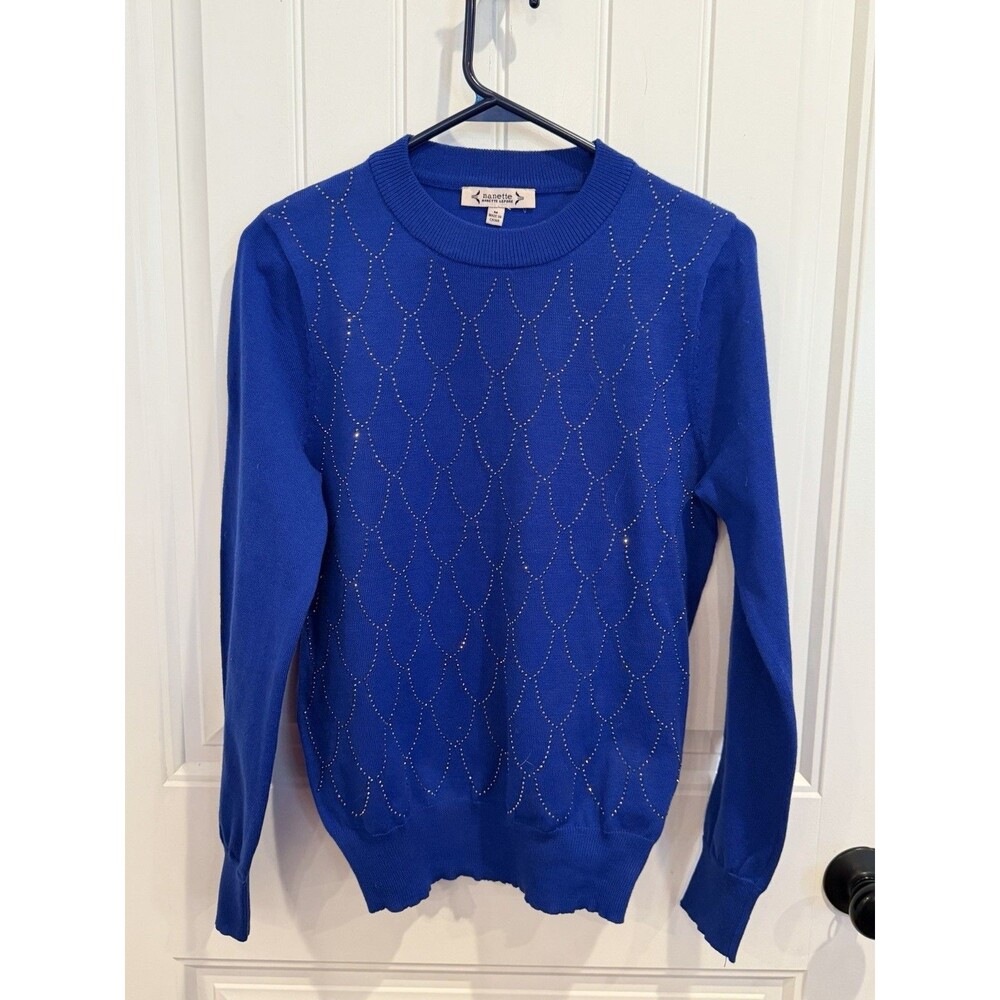 NWOT Nanette Lepore Women’s M Cobalt Blue Rhinestone Knit Sweater Pullover